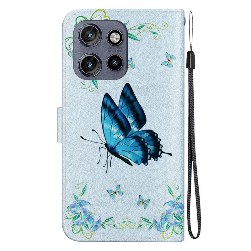 Lederhüllen Motorola Edge 50 Neo Blauer Schmetterling Und Blumen