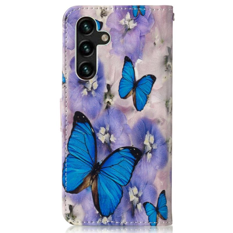 Lederhüllen Samsung Galaxy S24 Fe Handyhülle Lila Blumen Und Blaue Schmetterlinge