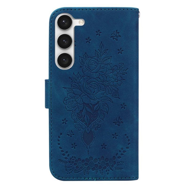 Flip Case Für Samsung Galaxy S23 Plus 5G Mit Kordel Riemchenrosen Und Schmetterlinge