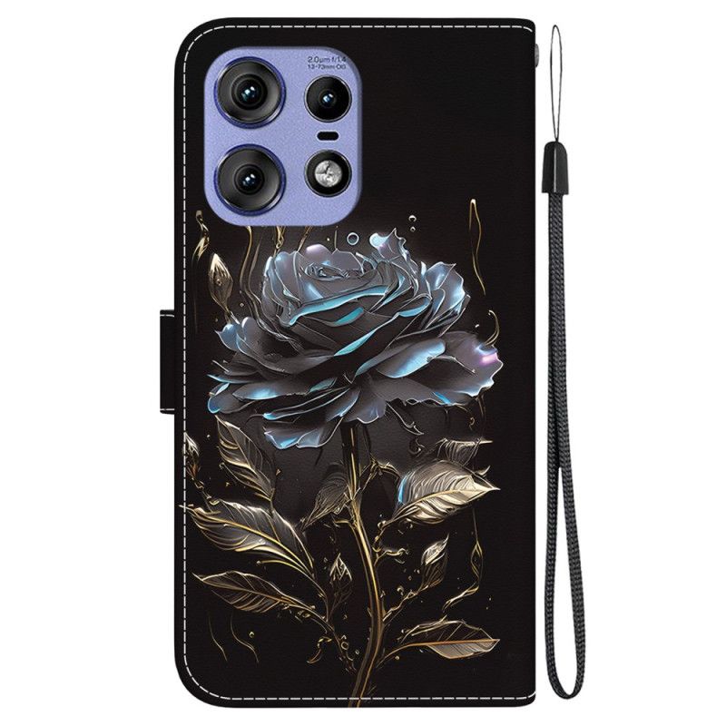 Lederhüllen Motorola Edge 50 Pro Handyhülle Schwarze Rose Mit Riemen