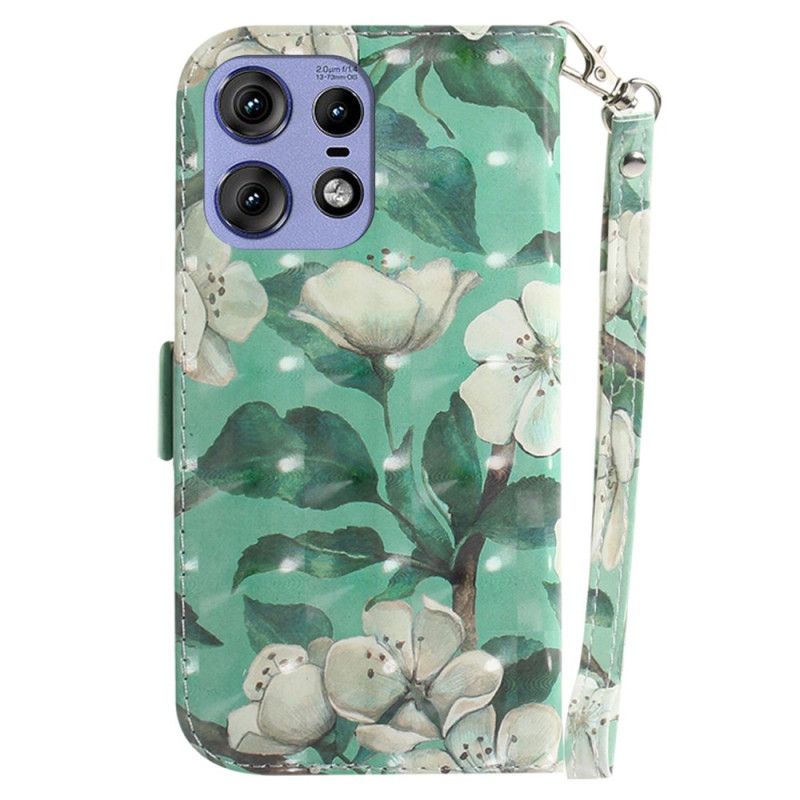 Lederhüllen Motorola Edge 50 Pro Handyhülle Weiße Blumen Mit Riemen