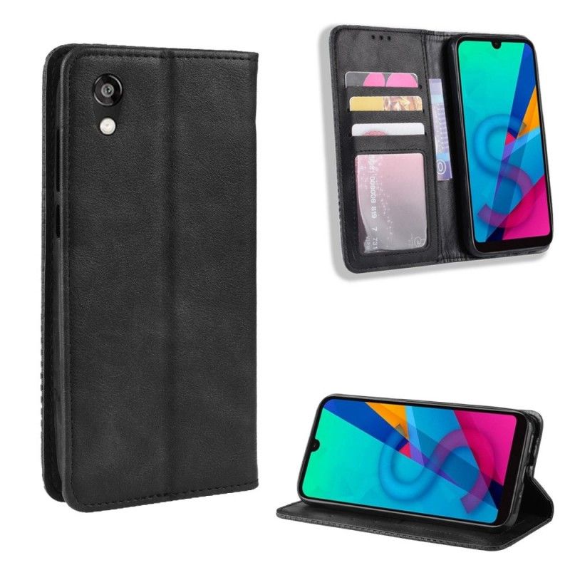 Flip Case Huawei Y5 2019 Schwarz Stilisierter Vintage-Ledereffekt