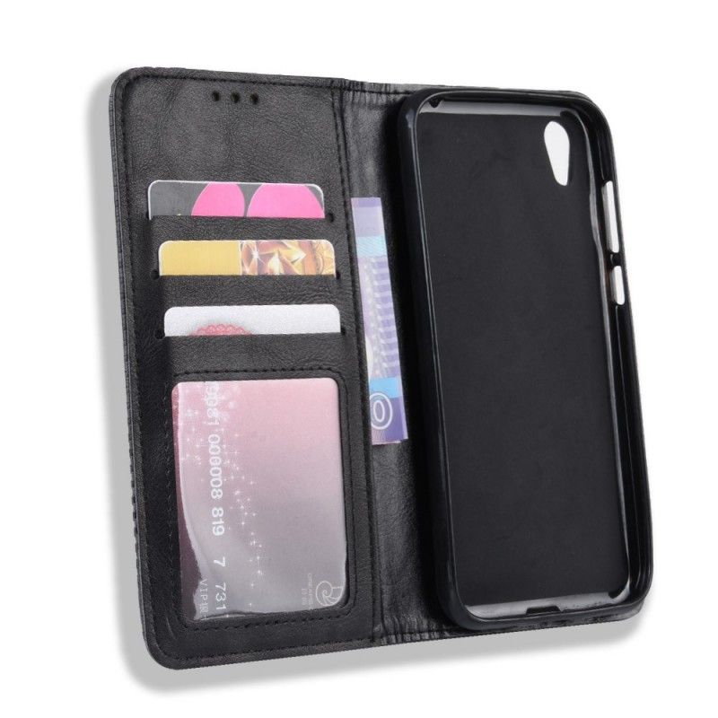 Flip Case Huawei Y5 2019 Schwarz Stilisierter Vintage-Ledereffekt