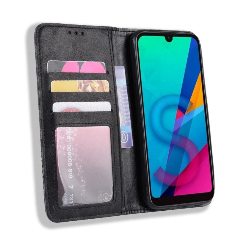 Flip Case Huawei Y5 2019 Schwarz Stilisierter Vintage-Ledereffekt