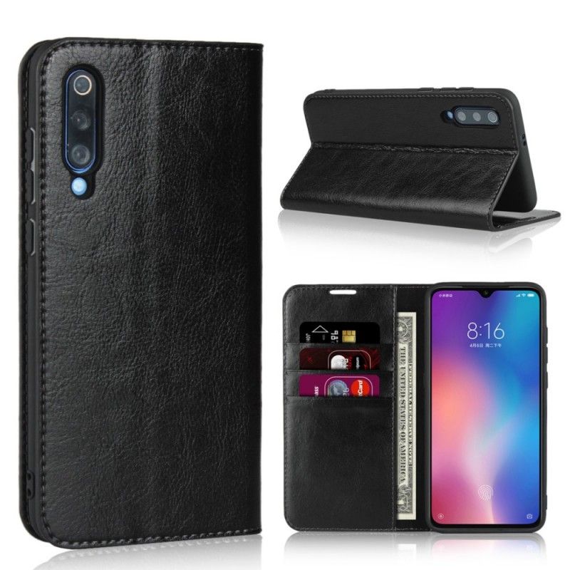 Flip Case Xiaomi Mi 9 Schwarz Echtes Leder