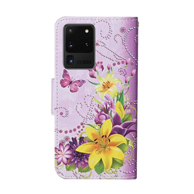 Lederhüllen Samsung Galaxy S20 Ultra Magenta Handyhülle Meisterhafte Blumen Mit Tanga