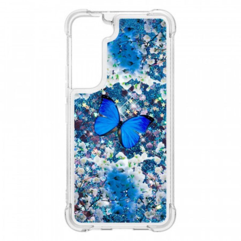 Hülle Für Samsung Galaxy S22 5G Glitzernde Blaue Schmetterlinge