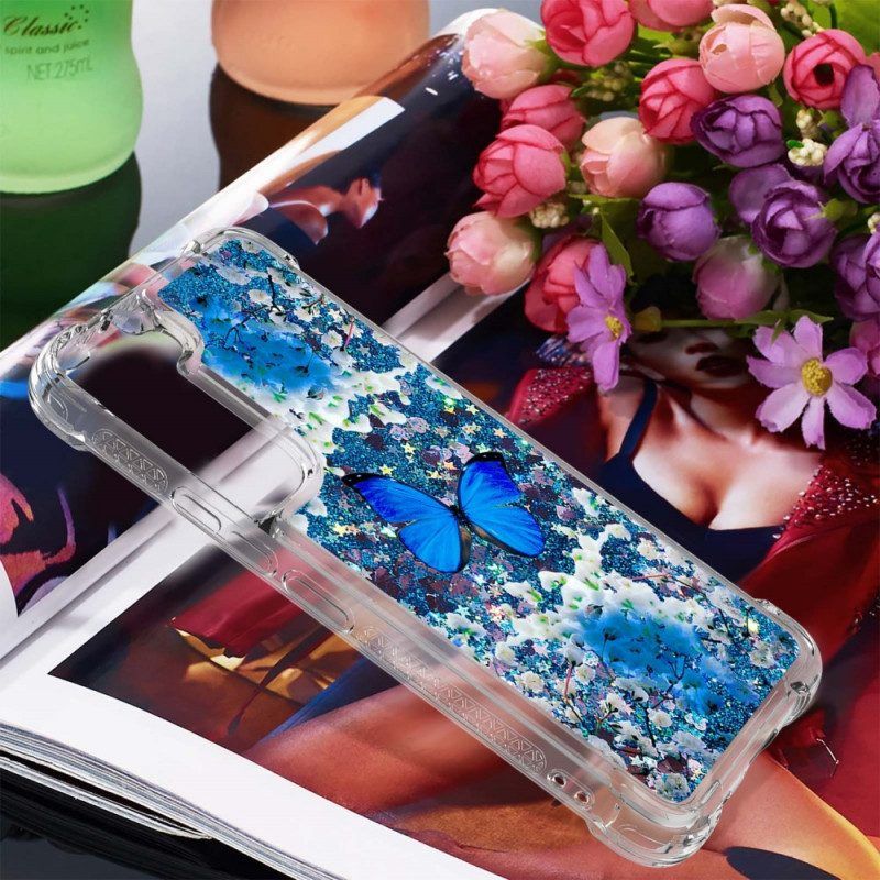 Hülle Für Samsung Galaxy S22 5G Glitzernde Blaue Schmetterlinge