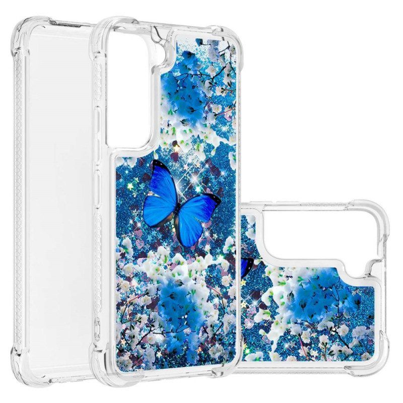 Hülle Für Samsung Galaxy S22 5G Glitzernde Blaue Schmetterlinge