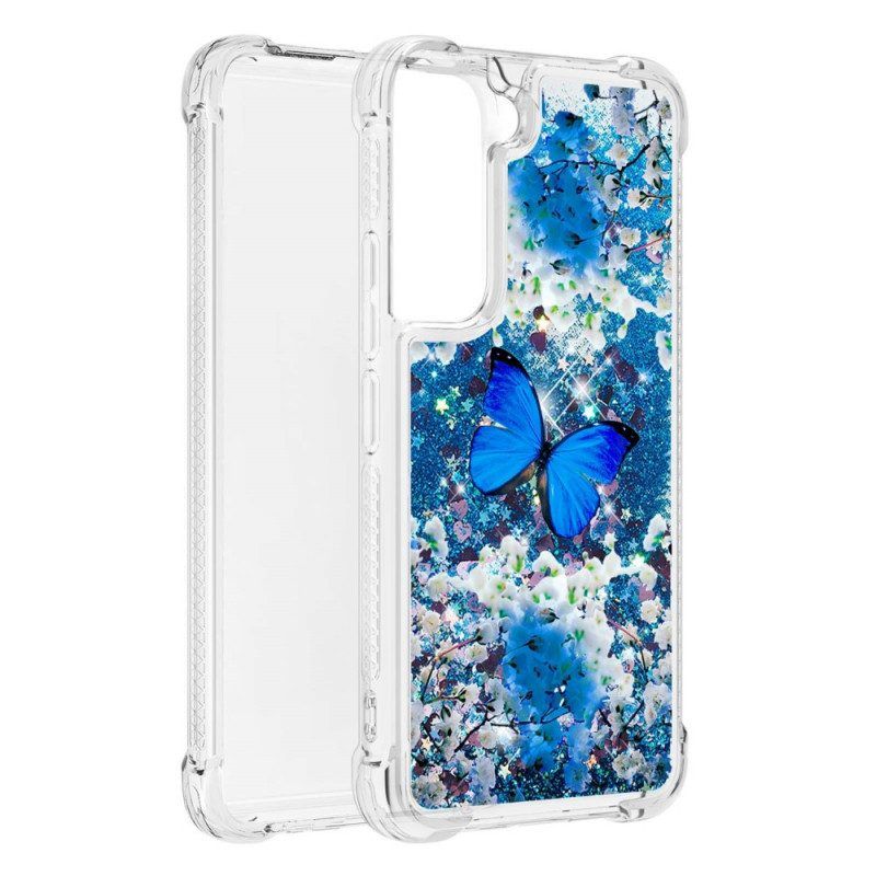 Hülle Für Samsung Galaxy S22 5G Glitzernde Blaue Schmetterlinge