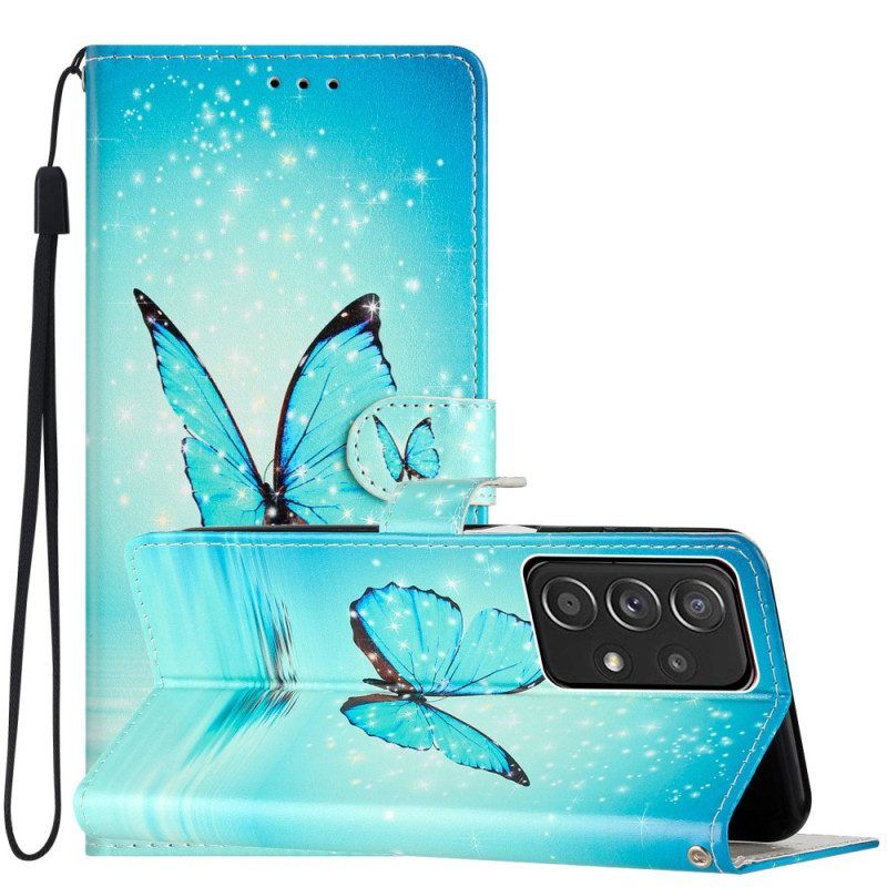 Flip Case Für Samsung Galaxy A53 5G Mit Kordel Blaue Schmetterlinge Mit Riemen