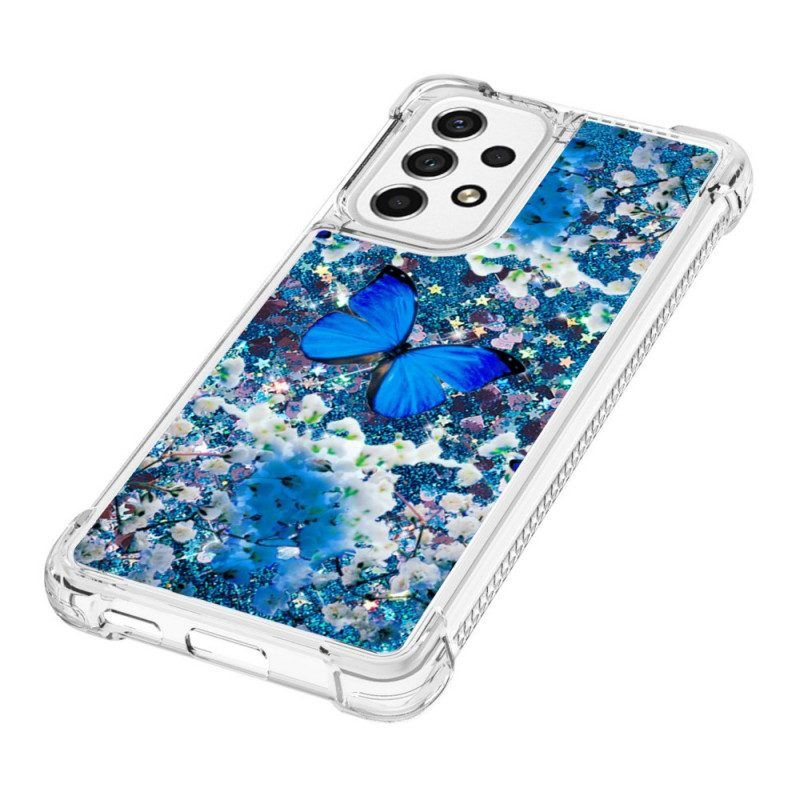 Handyhülle Für Samsung Galaxy A53 5G Glitzernde Blaue Schmetterlinge