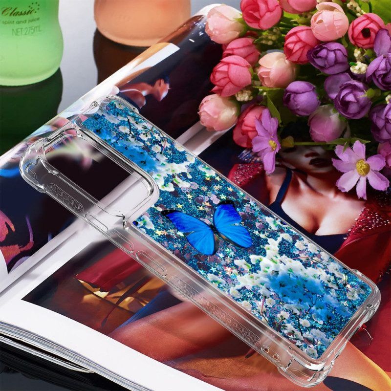 Handyhülle Für Samsung Galaxy A53 5G Glitzernde Blaue Schmetterlinge