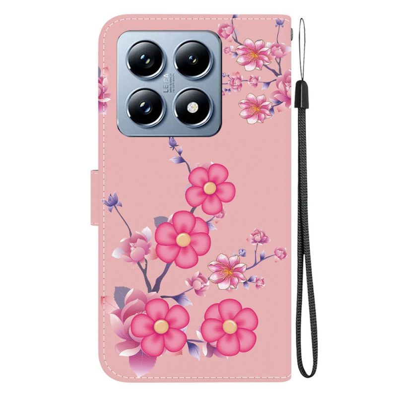 Lederhüllen Xiaomi 14t Pro Sakura-muster Mit Schlüsselband