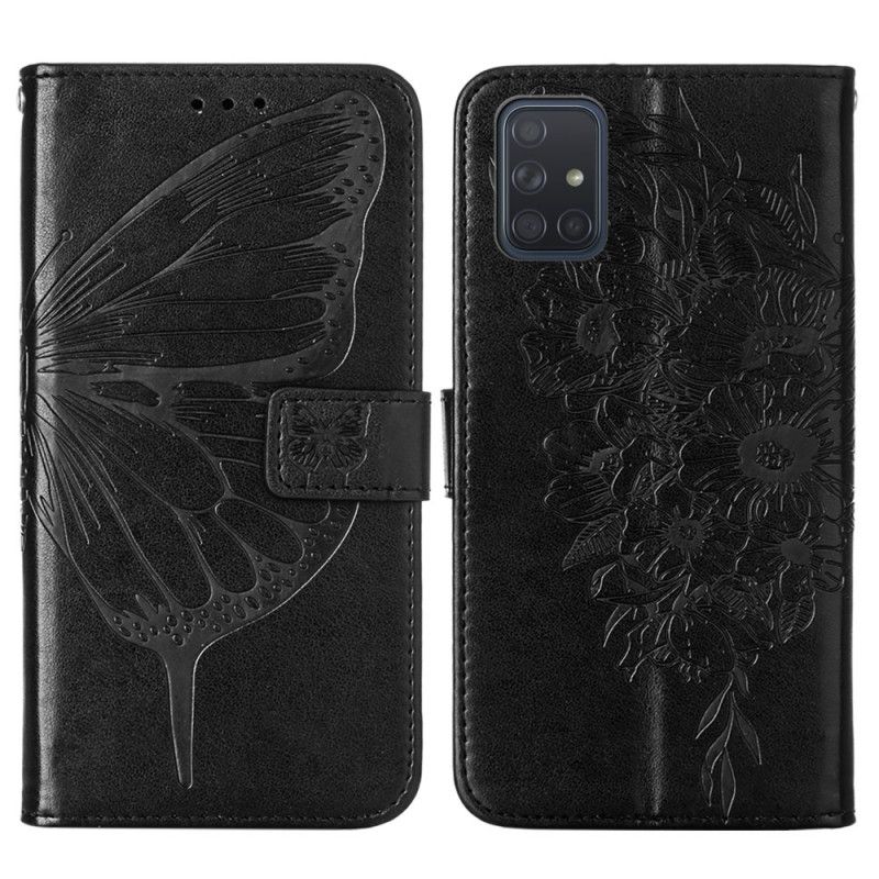 Lederhüllen Für Samsung Galaxy A51 5G Schwarz Designer-Schmetterling Mit Riemen