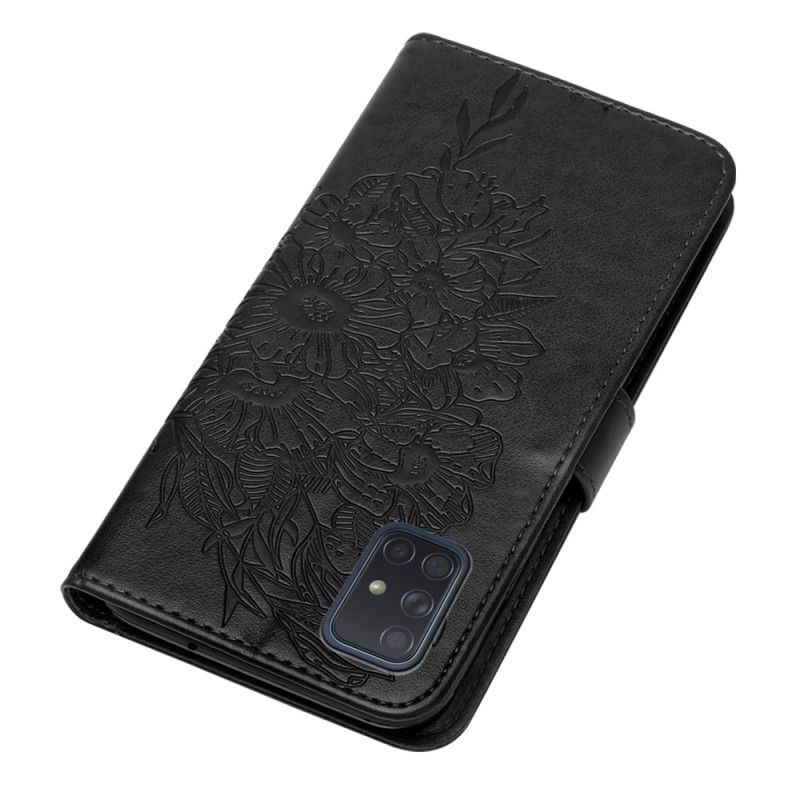 Lederhüllen Für Samsung Galaxy A51 5G Schwarz Designer-Schmetterling Mit Riemen