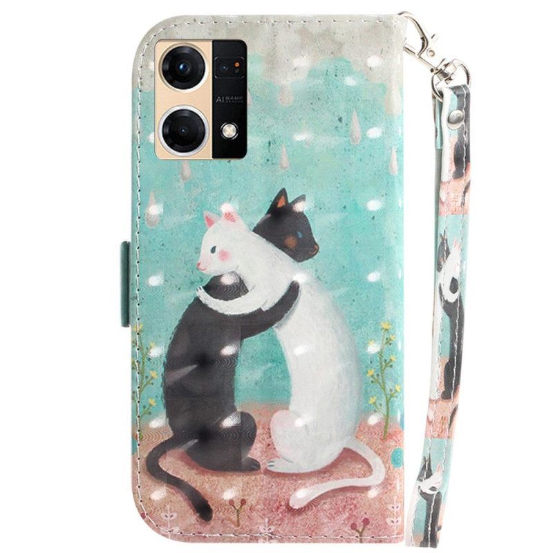 Flip Case Für Oppo Reno 7 Mit Kordel Schwarze Katze. Weiße Katze Mit Riemen