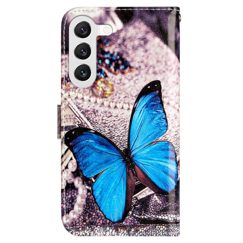 Lederhüllen Für Samsung Galaxy S24 5g Blauer Schmetterling Mit Riemen