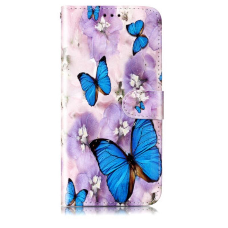 Lederhüllen Samsung Galaxy S24 5g Handyhülle Lila Blumen Und Schmetterlinge Mit Riemen