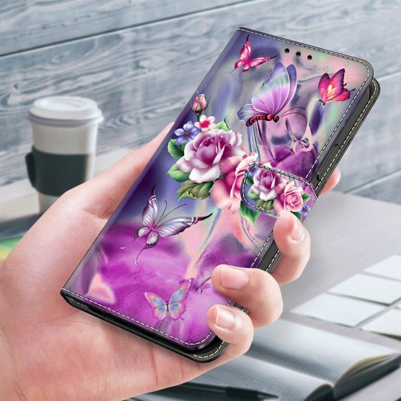 Lederhüllen Samsung Galaxy S24 5g Handyhülle Schmetterlinge Und Violette Blumen