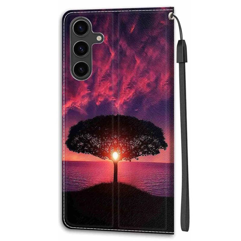 Lederhüllen Samsung Galaxy S24 5g Handyhülle Schwarzer Baum Bei Sonnenuntergang Mit Riemen