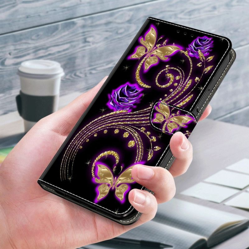 Lederhüllen Samsung Galaxy S24 5g Handyhülle Violette Blumen Und Schmetterlinge