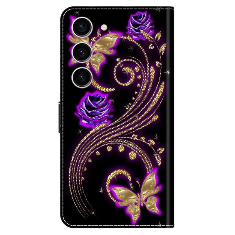 Lederhüllen Samsung Galaxy S24 5g Handyhülle Violette Blumen Und Schmetterlinge