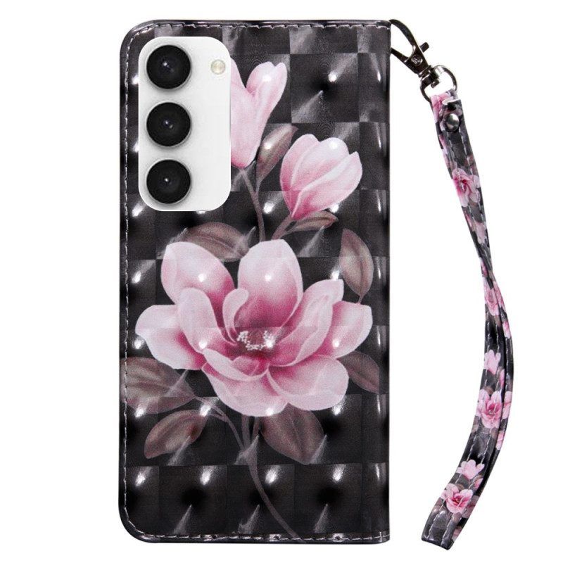 Flip Case Für Samsung Galaxy S23 5G Mit Kordel Riemchenblumenmuster