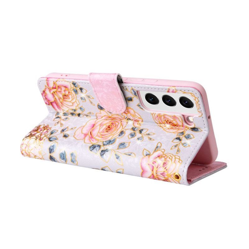 Flip Case Für Samsung Galaxy S23 5G Rfid-blumen Mit Schlüsselband