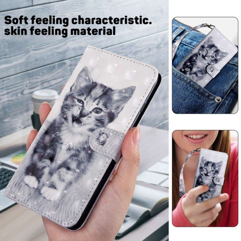 Lederhüllen Für Samsung Galaxy S23 5G Mit Kordel Graues Kätzchen Mit Riemen