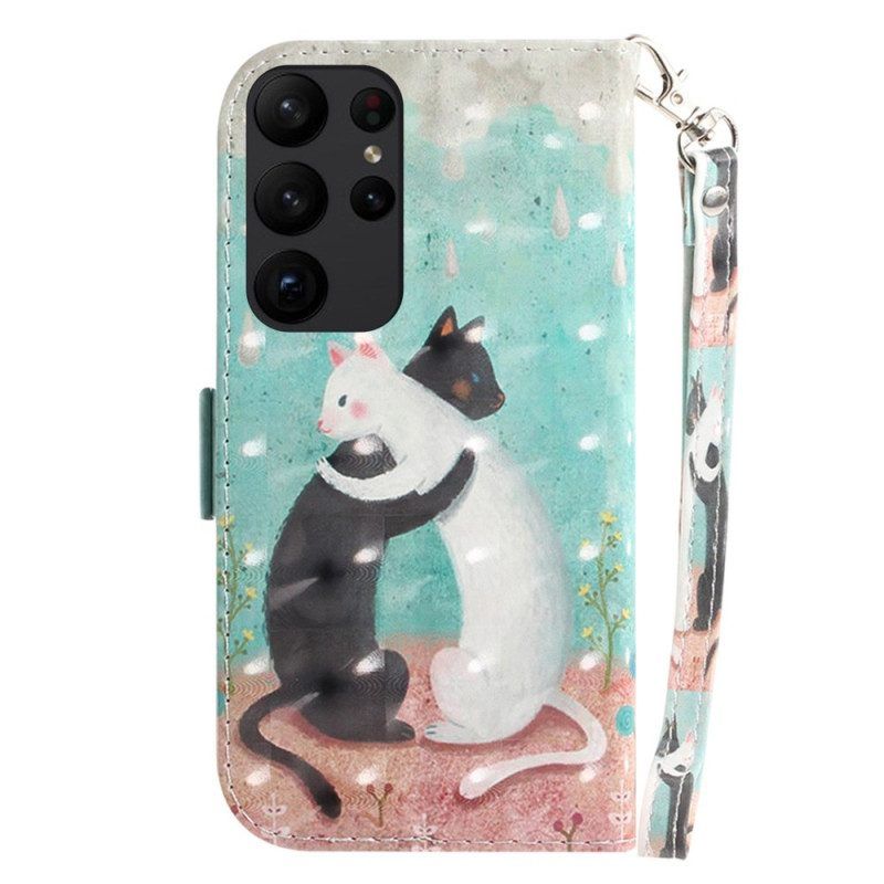 Flip Case Für Samsung Galaxy S23 Ultra 5G Mit Kordel Weiße Katze. Schwarze Katze Mit Riemen