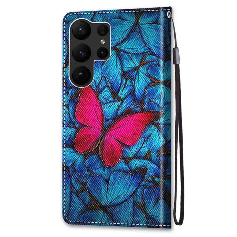 Flip Case Für Samsung Galaxy S23 Ultra 5G Roter Schmetterling. Blauer Hintergrund