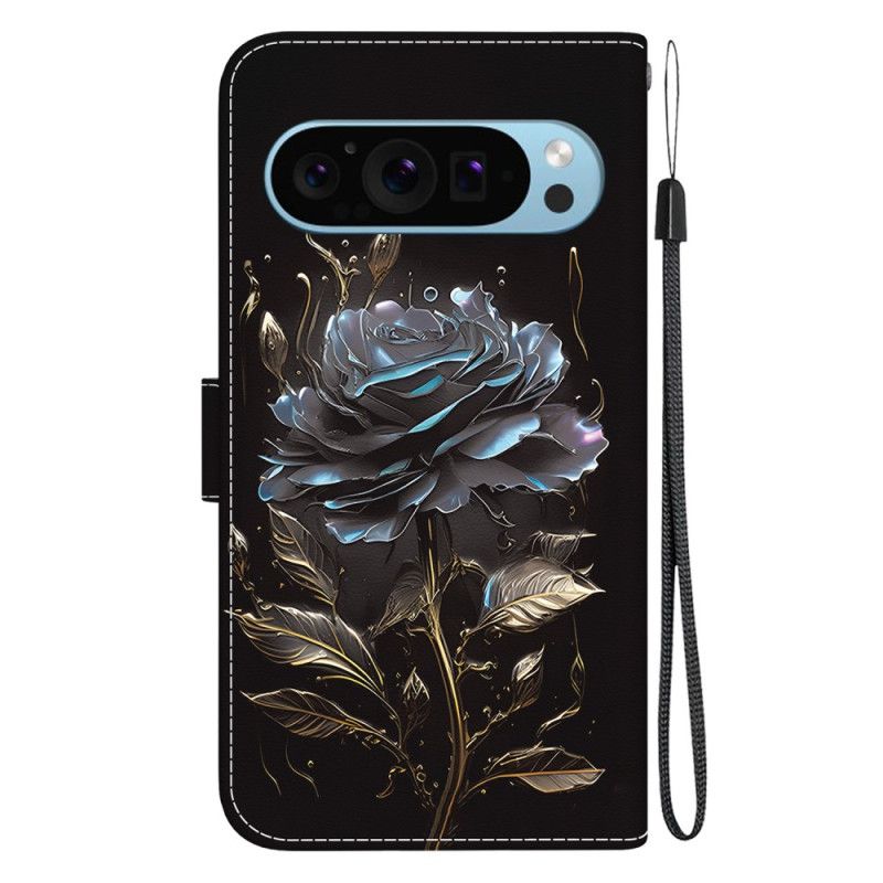 Lederhüllen Für Google Pixel 9 Pro Schwarze Rose Mit Riemen