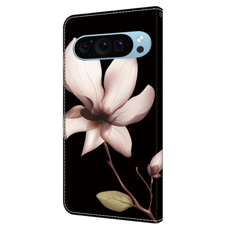 Lederhüllen Google Pixel 9 Pro Handyhülle Rosa Blume Auf Schwarzem Hintergrund