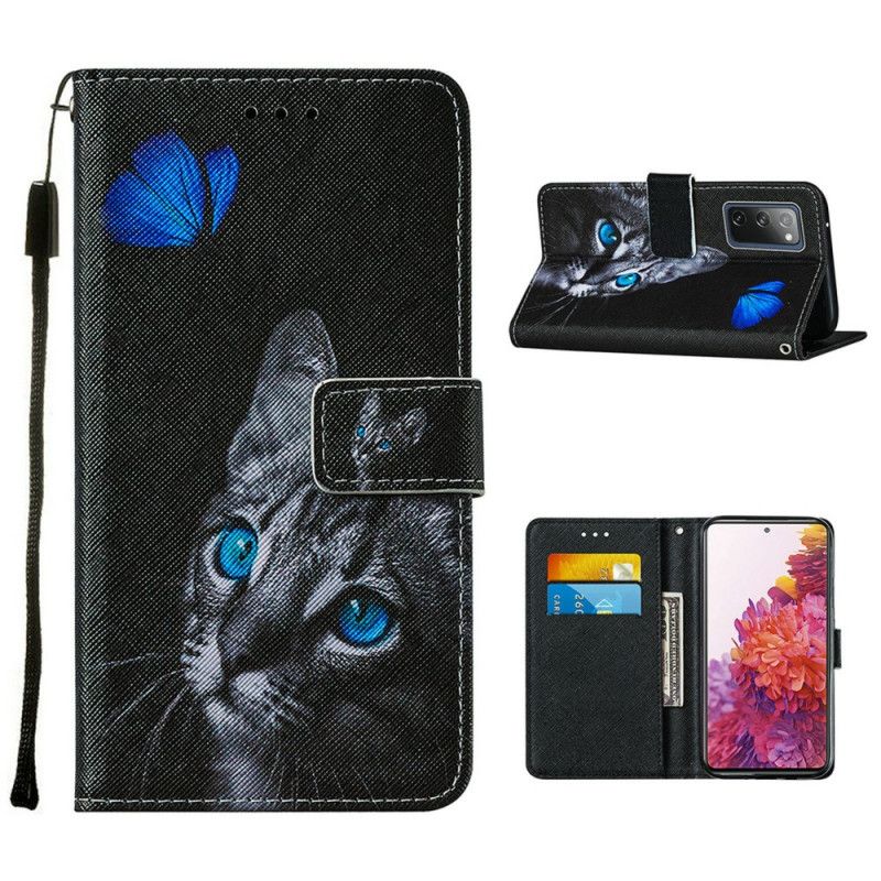 Lederhüllen Samsung Galaxy S20 FE Katze Und Blauer Schmetterling