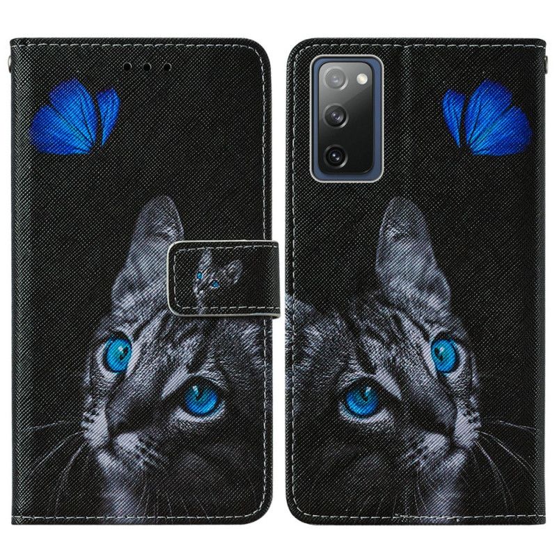 Lederhüllen Samsung Galaxy S20 FE Katze Und Blauer Schmetterling