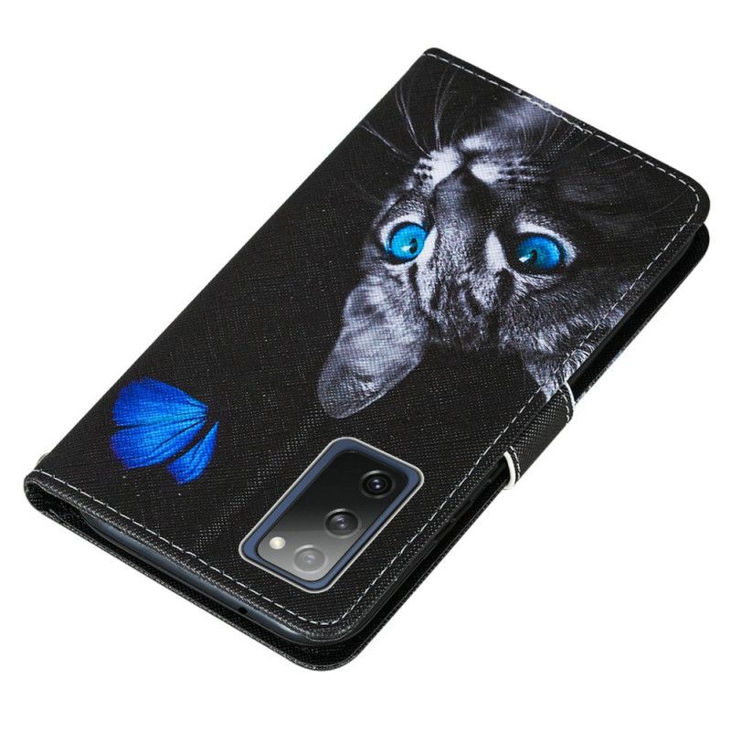 Lederhüllen Samsung Galaxy S20 FE Katze Und Blauer Schmetterling