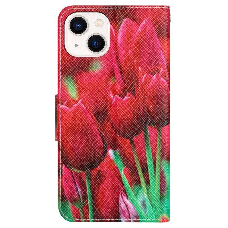 Flip Case Für iPhone 15 Mit Kordel Blumenvariation Mit Riemen