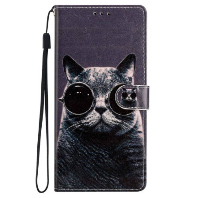 Flip Case Für iPhone 15 Mit Kordel Inkognito-katze Mit Riemen