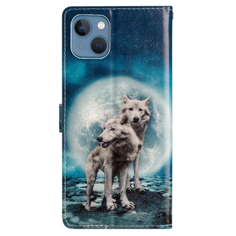 Flip Case Für iPhone 15 Mit Kordel Schlüsselband „wölfe Unter Dem Mond“.