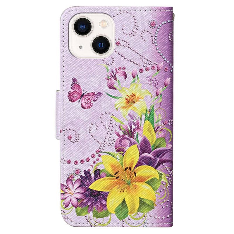 Lederhüllen Für iPhone 15 Mit Kordel Schmetterlinge Und Blumen Mit Riemen