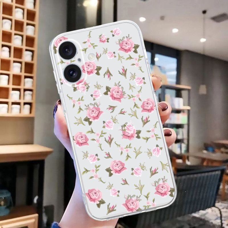 Hülle iPhone 16 Handyhülle Rosa Blumen Mit Transparentem Rand