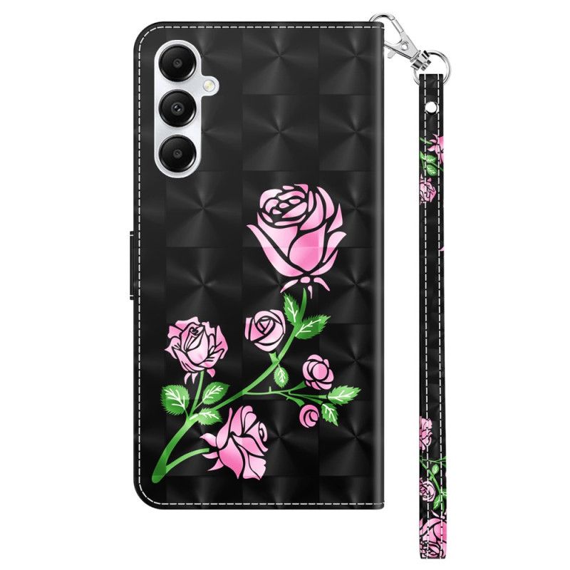 Lederhüllen Samsung Galaxy A55 5g Rosa Blumen Auf Schwarzem Hintergrund Mit Riemen