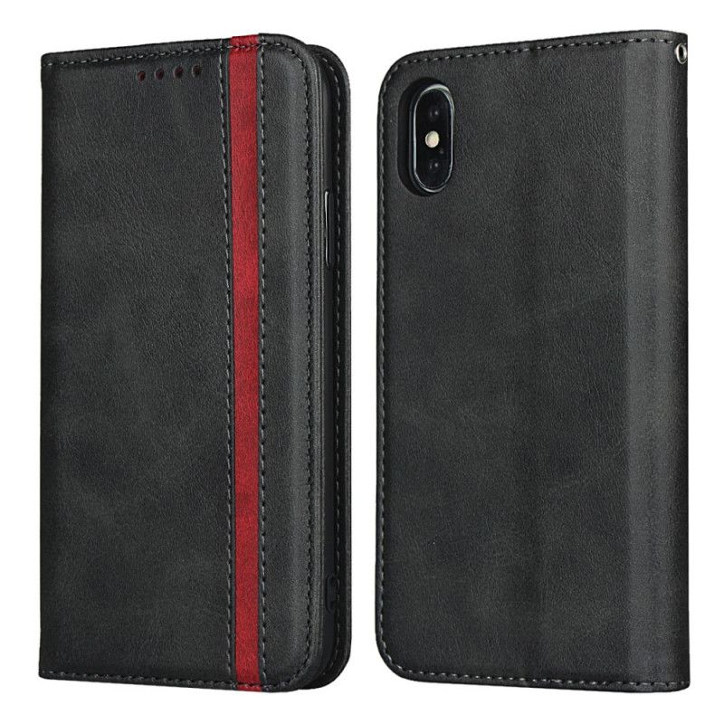 Flip Case iPhone XS Max Schwarz Zweifarbiger Ledereffekt Mit Riemen