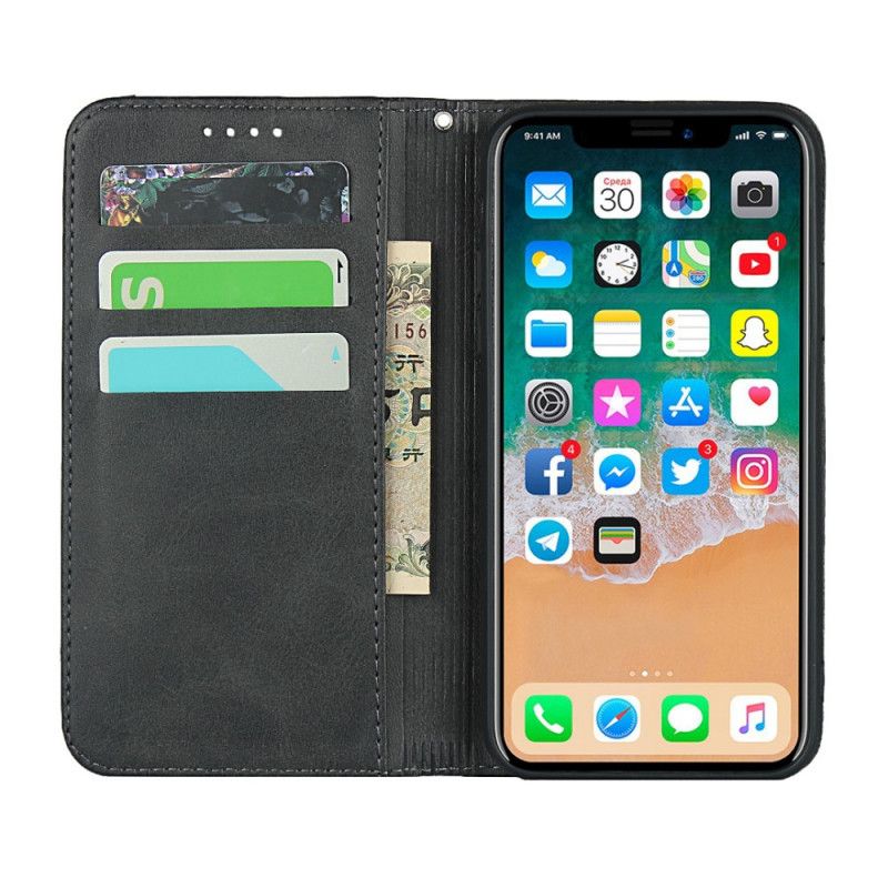 Flip Case iPhone XS Max Schwarz Zweifarbiger Ledereffekt Mit Riemen