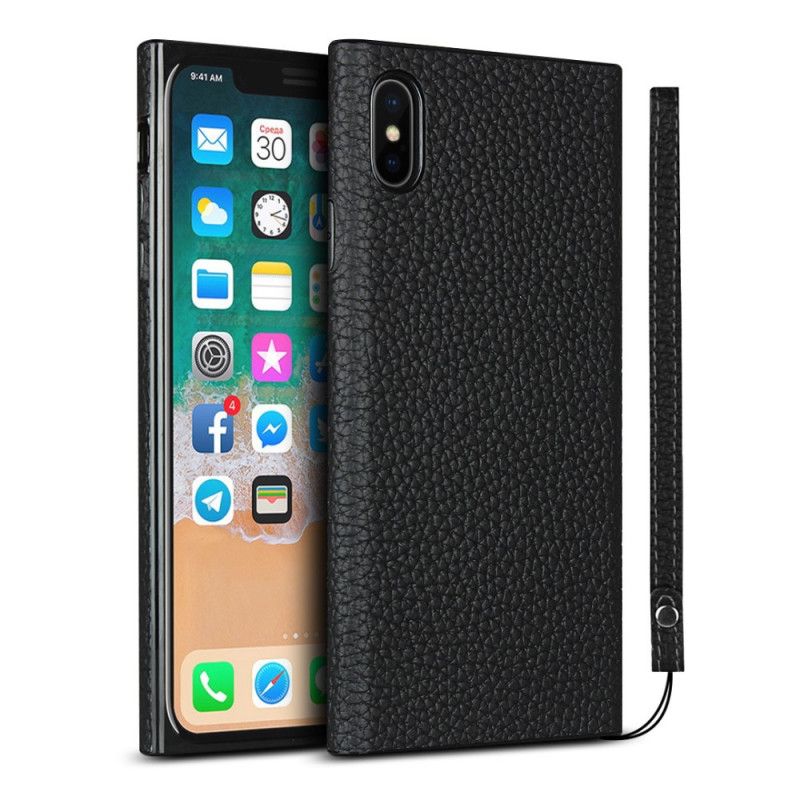 Hülle iPhone XS Max Schwarz Echtes Litschileder Mit Riemen