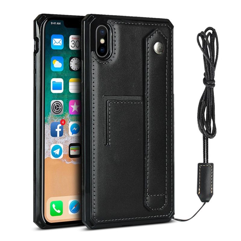 Hülle iPhone XS Max Schwarz Echtleder-Kartenhalterband Und Lanyard