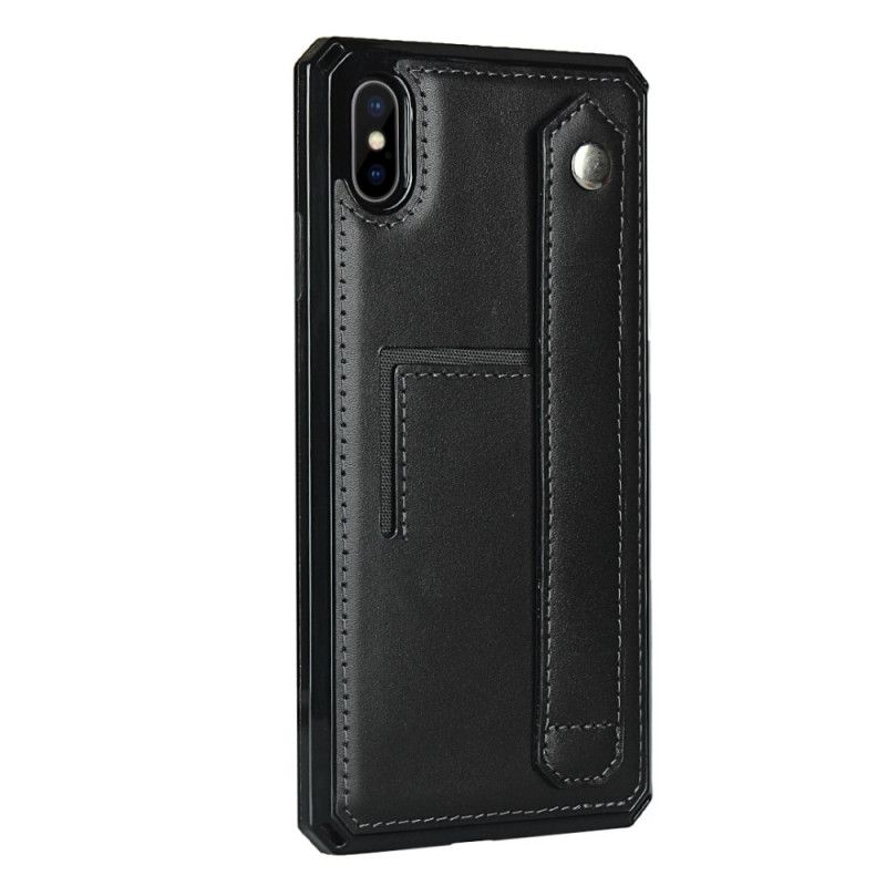 Hülle iPhone XS Max Schwarz Echtleder-Kartenhalterband Und Lanyard