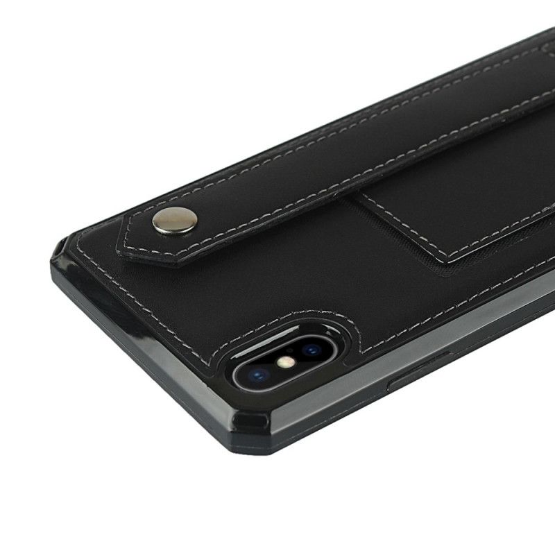 Hülle iPhone XS Max Schwarz Echtleder-Kartenhalterband Und Lanyard