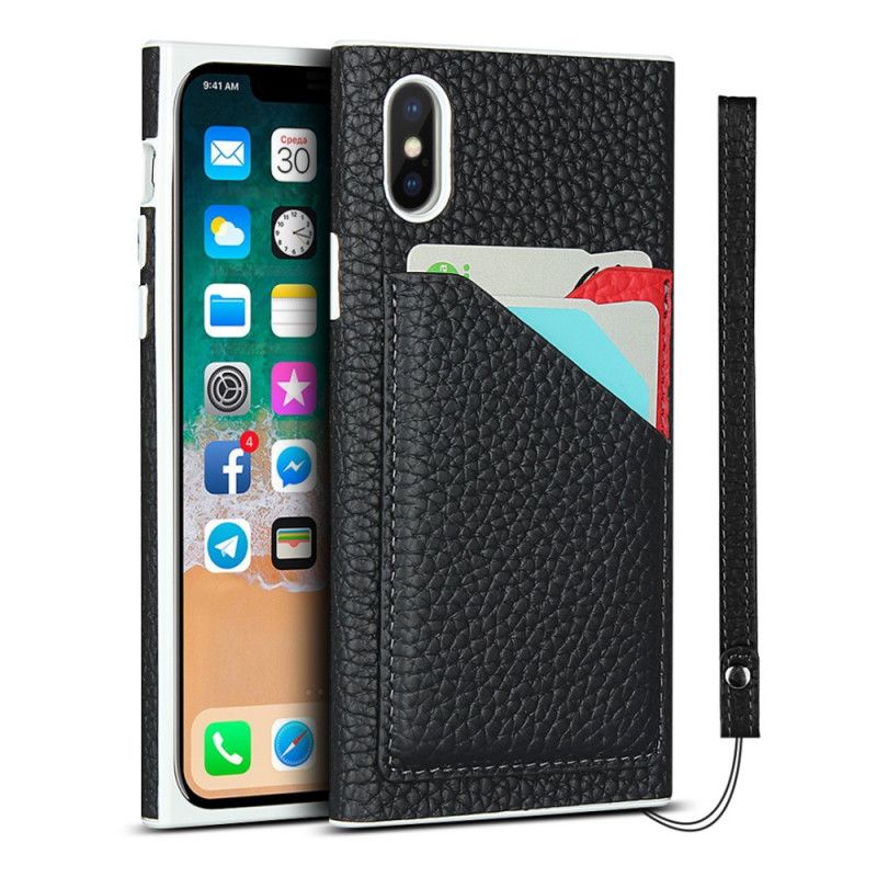 Hülle iPhone XS Max Schwarz Kartenhalter Aus Echtem Litschileder Mit Lanyard